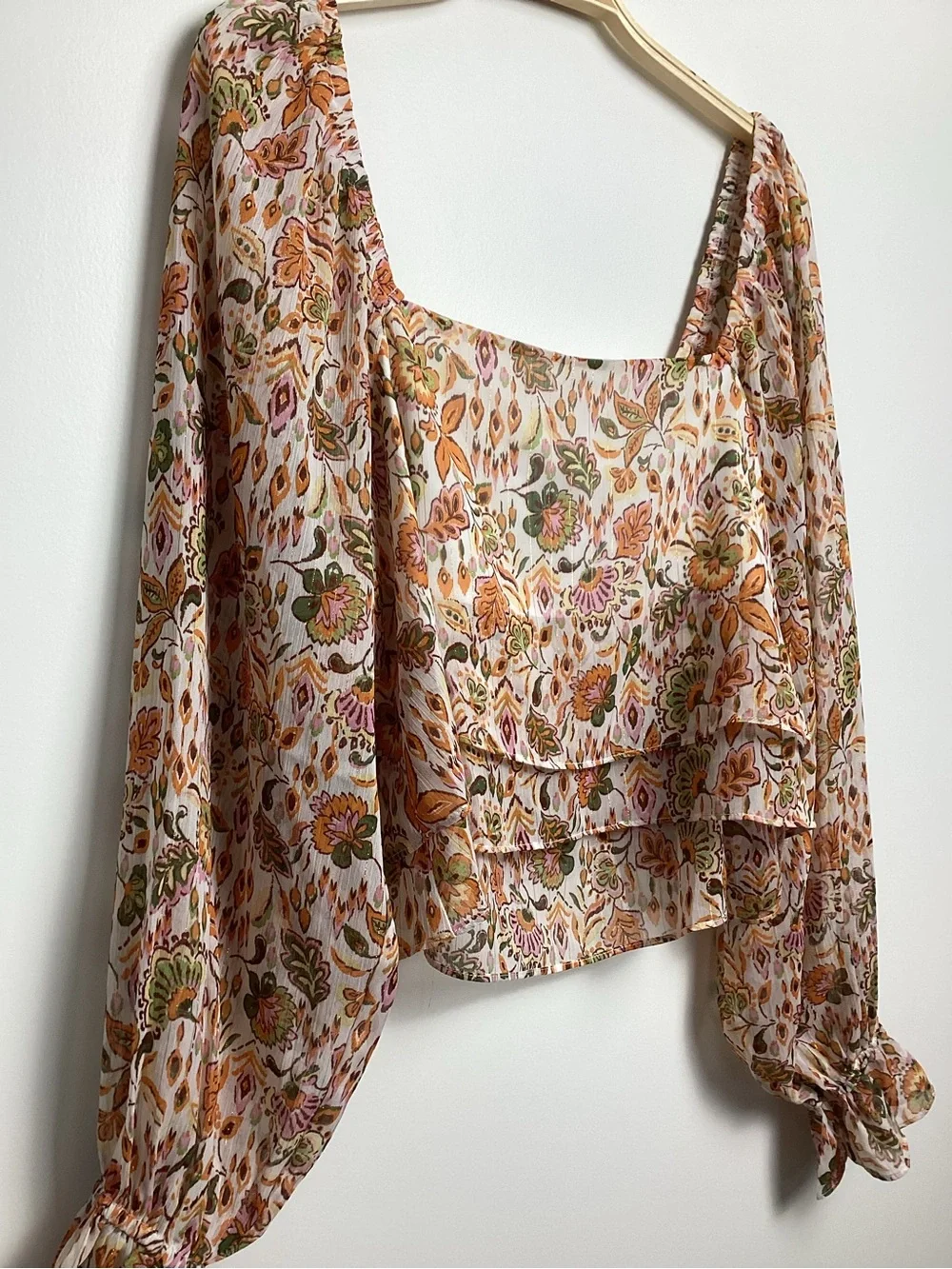 Pink Lily Orange‎ Floral Square-Neck Peasant Blouse